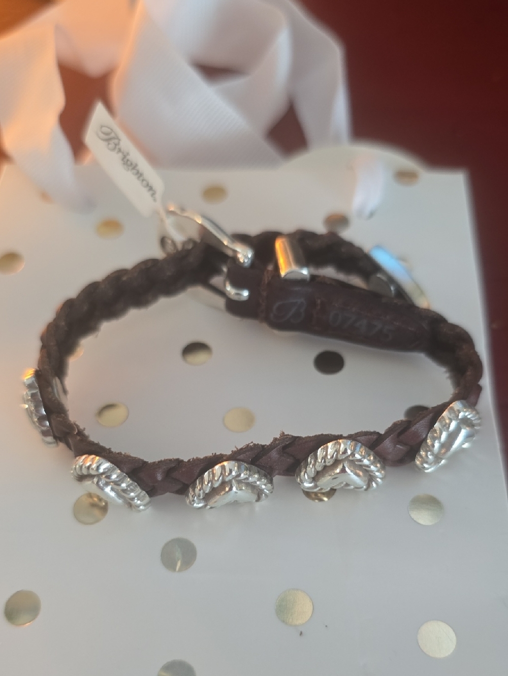 Brighton Brown Braided Leather Bracelet with Silver Heart Accents